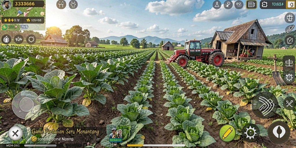 Tangkapan layar utama 333666 menampilkan ladang pertanian yang subur dan beragam tanaman.