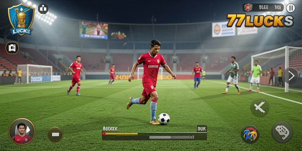 Tampilan gameplay menarik dari 77LUCKS dengan aksi sepak bola yang seru.