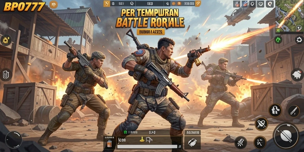 Screenshot gameplay BPO777 menampilkan pertempuran mendebarkan di medan perang.