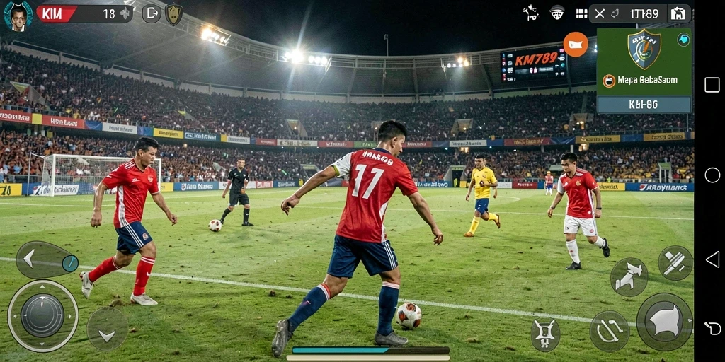 Tangkapan layar menampilkan aksi seru dalam game sepak bola.