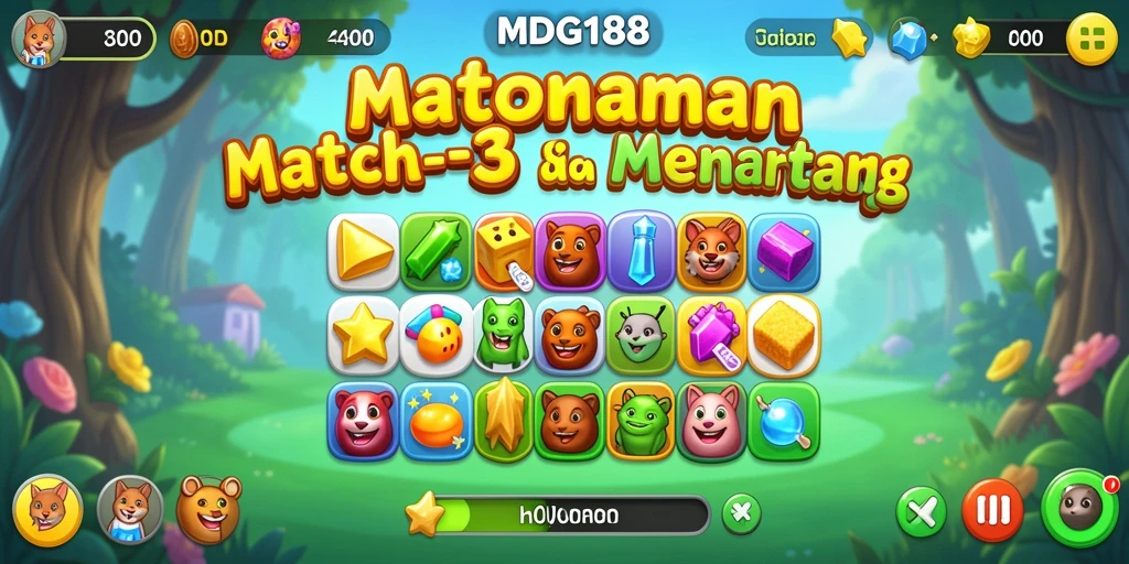 Tangkapan layar gameplay MDG188 dengan elemen Match-3 penuh warna.