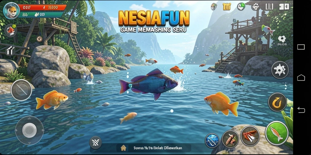 Screenshot NESIAFUN menampilkan pemain sedang memancing di danau yang indah.