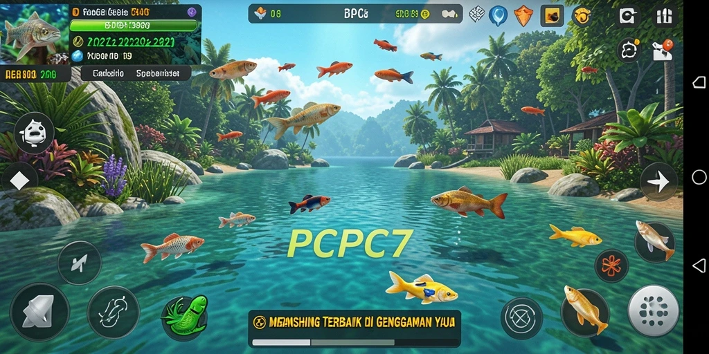 Screenshot utama gameplay <strong>PCPC7</strong> yang menunjukkan suasana memancing yang seru.