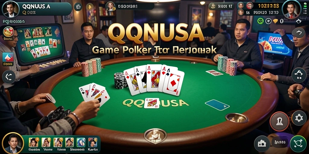 Tampilan utama QQNUSA dengan aksi permainan Poker yang seru.