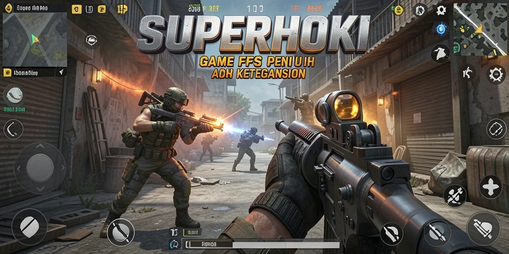 Screenshot utama SUPERHOKI menampilkan aksi mendebarkan dalam gameplay FPS.