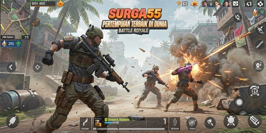 Screenshot dari gameplay SURGA55 yang menampilkan aksi Battle Royale seru.