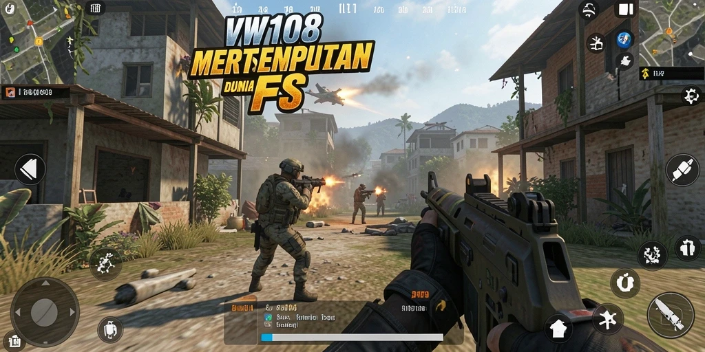 Screenshot utama VW108 menampilkan aksi seru dalam pertempuran FPS.