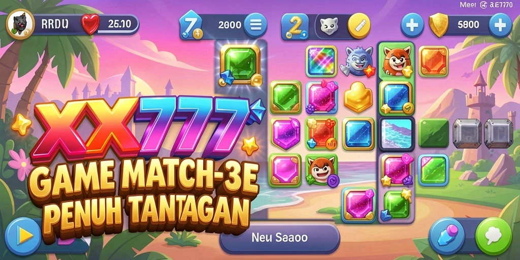 Screenshot utama XXX777 menampilkan gameplay Match-3 yang penuh warna.